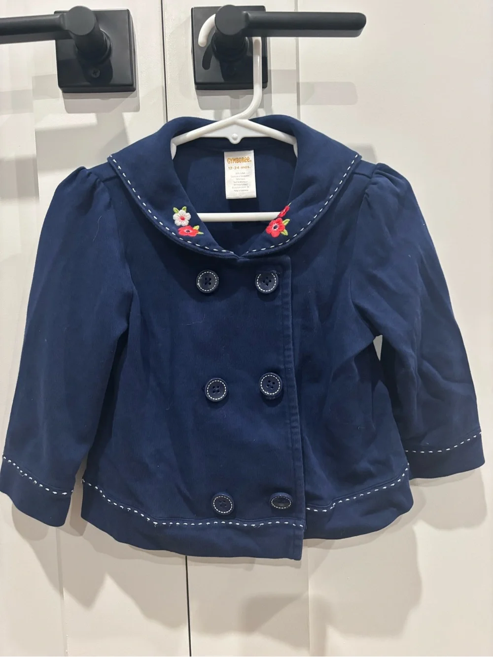 Gymboree Navy Double-Breasted Pea Coat with Floral Embroidery